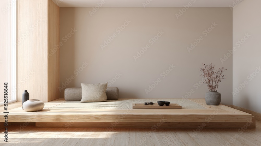 Fototapeta premium Japandi style room with light wood elements, low bed platform, beige walls, natural textures, no visible objects or decor, tidy space