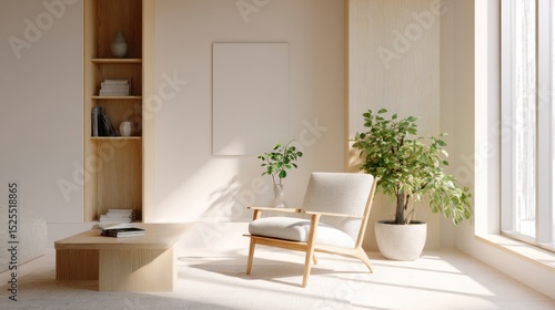 Japandi studio apartment with calm light palette, minimal furnishings, a single small green potted plant on the floor, nothing else on surfaces