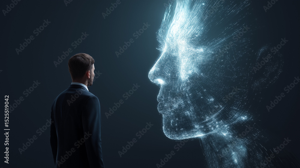 Fototapeta premium Businessman facing large glowing digital face symbolizing AI presence and future interaction. 
