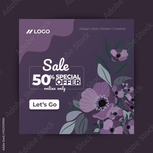 Elegant Floral Sale Banner with Pink Flowers, Soft Botanical Decoration, 50% Special Offer Text, and Modern Promotional Layout for Social Media Ads, Seasonal Marketing, and Online Shopping Designs