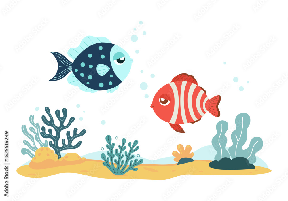 Fototapeta premium Two Cute Tropical Fish and Sea Plants seaweed, Coral on seabed. Underwater seascape landscape. Vector illustration. Kids collection