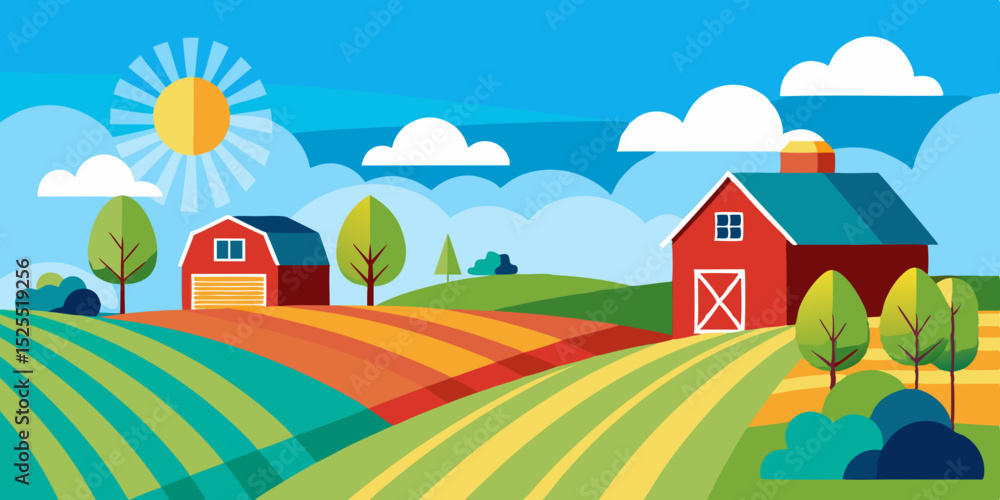 Naklejka premium Idyllic farm scene with red barns and rolling hills