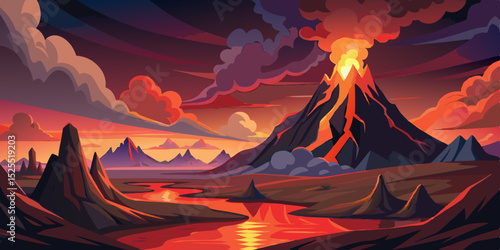 Erupting volcano landscape at sunset, clean cutout