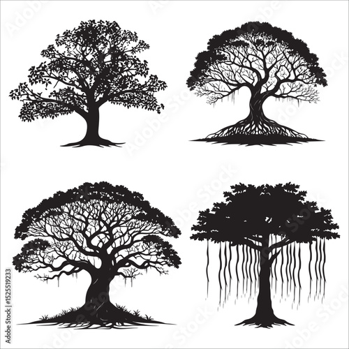best banyan tree silhouette vector