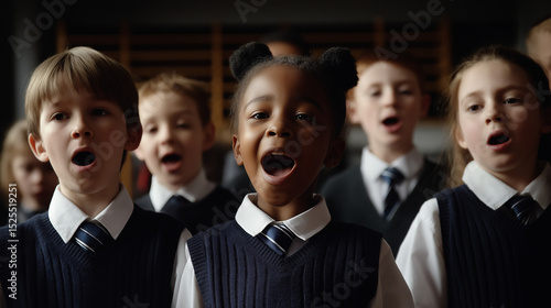 Diverse group of schoolchildren in uniforms singing during a choral presentation.
