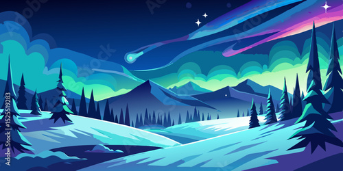 Magical winter night aurora borealis landscape