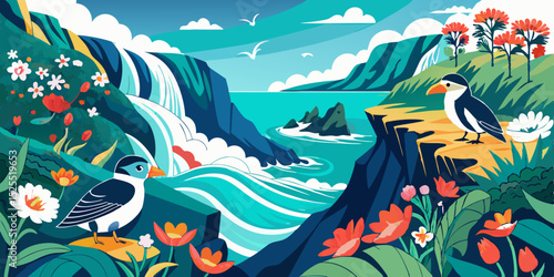 Vibrant coastal landscape with puffins and waterfall