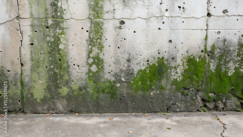 Moss and mold grow on an old cracked concrete wall texture