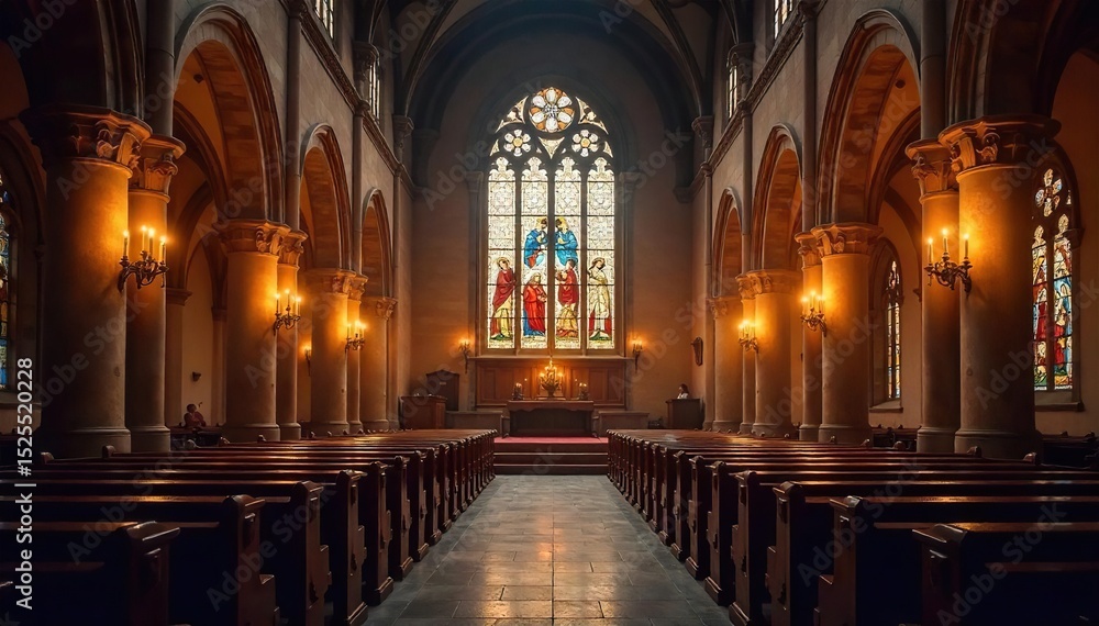 Fototapeta premium Serene church interior bathed in the warm glow of candlelight, illuminating ancient architecture and stained-glass details Perfect for themes of peace, faith, and spirituality , shadow, faith