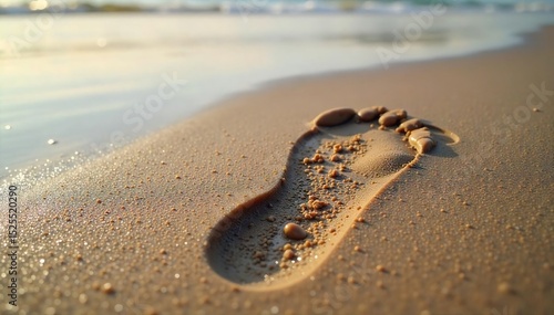 A single footprint in wet sand, symbolizing a journey's emotional progression, one step at a time, leaving a trace of feeling behind , pathway, leg, landscape