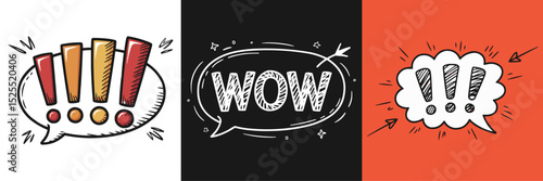 Hand-drawn doodle style vector speech bubbles with exclamation marks and WOW text, perfect for emphasizing messages, expressing surprise, and adding a comic touch to designs