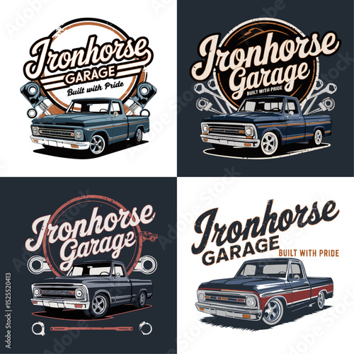 Ironhorse Garage Built with Pride vintage truck and garage vector designs for automotive enthusiasts, perfect for apparel, posters, and merchandise with a classic car theme
