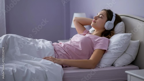 Woman relaxing in bed with headphones