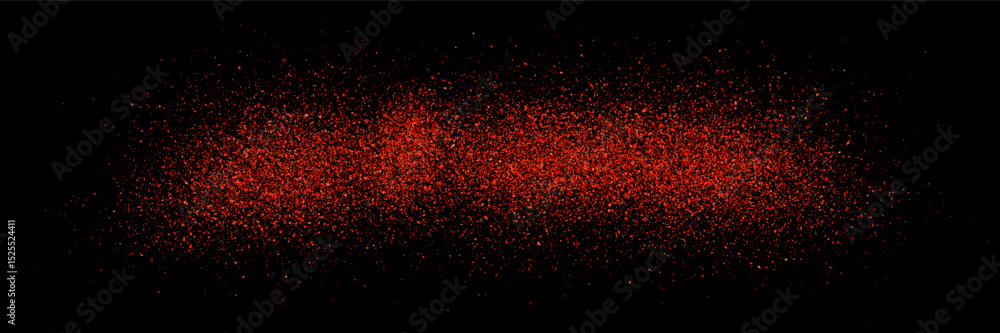 Fototapeta premium Grainy chilli powder splashing on black table or countertop top view. Grunge pepper texture. Oval trace of red paprika particles on surface. Vector illustration
