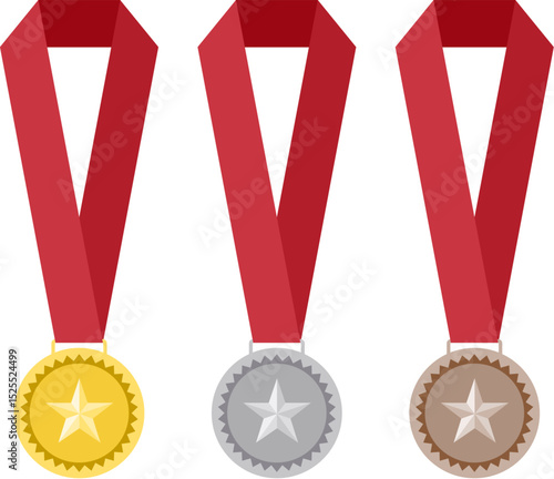 vector set of gold, silver and bronze medals with red ribbons isolated on white background. medal icons