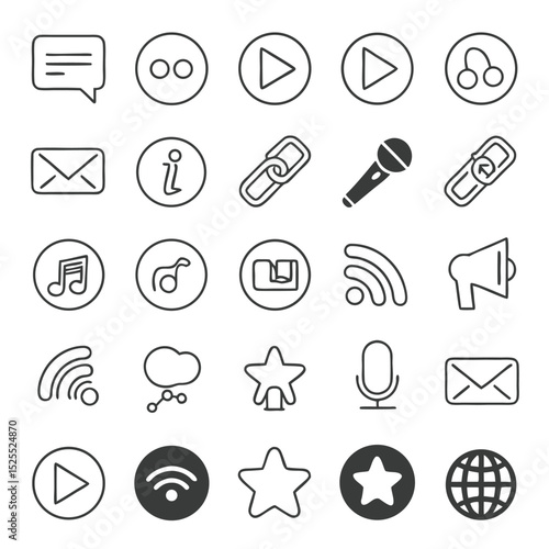 Collection of minimalist icon symbols for communication media playback and internet related functionality