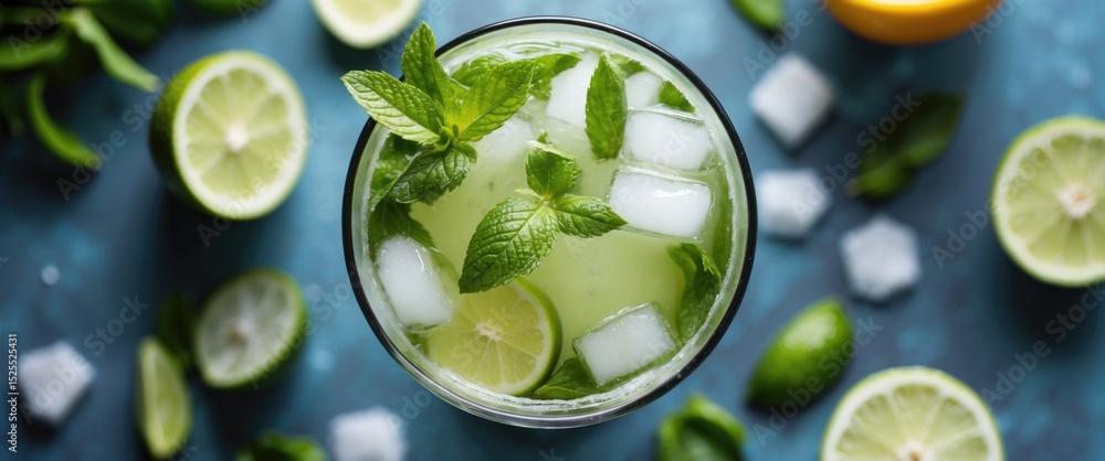 Fresh lime and mint cocktail with ice cubes, surrounded by halved limes and ice on a blue background. Refreshing beverage and citrus fruits. Fresh lime and mint cocktail with ice cubes, surrounded by halved limes and ice on a blue background. Refreshing beverage and citrus fruits.