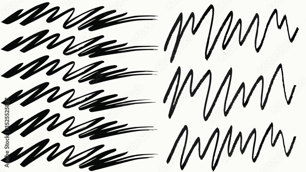 Illustration of black brush strokes and zig zag lines on a white background creating an abstract design Illustration of black brush strokes and zig zag lines on a white background creating an abstract design