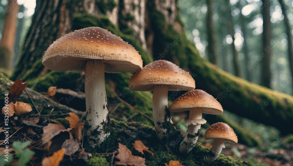 Fototapeta premium Group of mushrooms growing in a forest with moss and fallen leaves. Nature and fungi, woodland with fungi. Forest ecosystems and mushrooms. The concept of natural habitats and fungi.