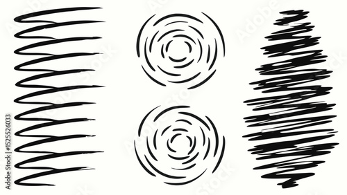 Abstract black brush strokes arranged in spiral spring and chaotic tree like shapes on white background
