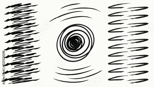 Illustration featuring abstract lines, a spiral, and repetitive stroke patterns in black and white