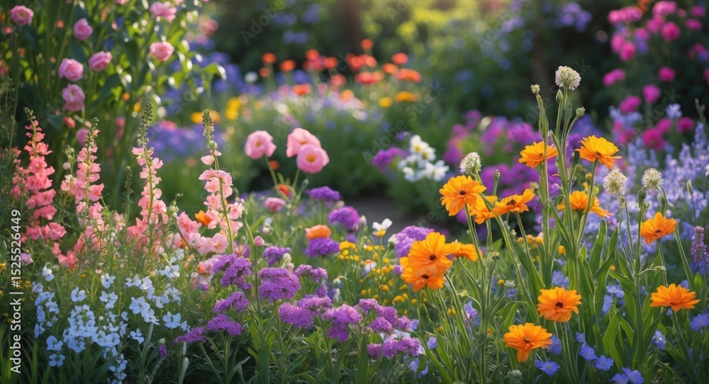 Fototapeta premium Colorful garden with pink, purple, white, and orange flowers in full bloom, creating a vibrant and lively floral scene.