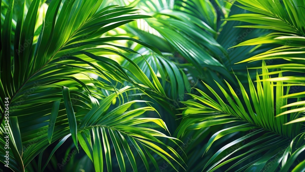 Obraz premium Lush tropical palm leaves with vibrant green foliage. Dense jungle environment and thick vegetation. The concept of tropical plants and nature.