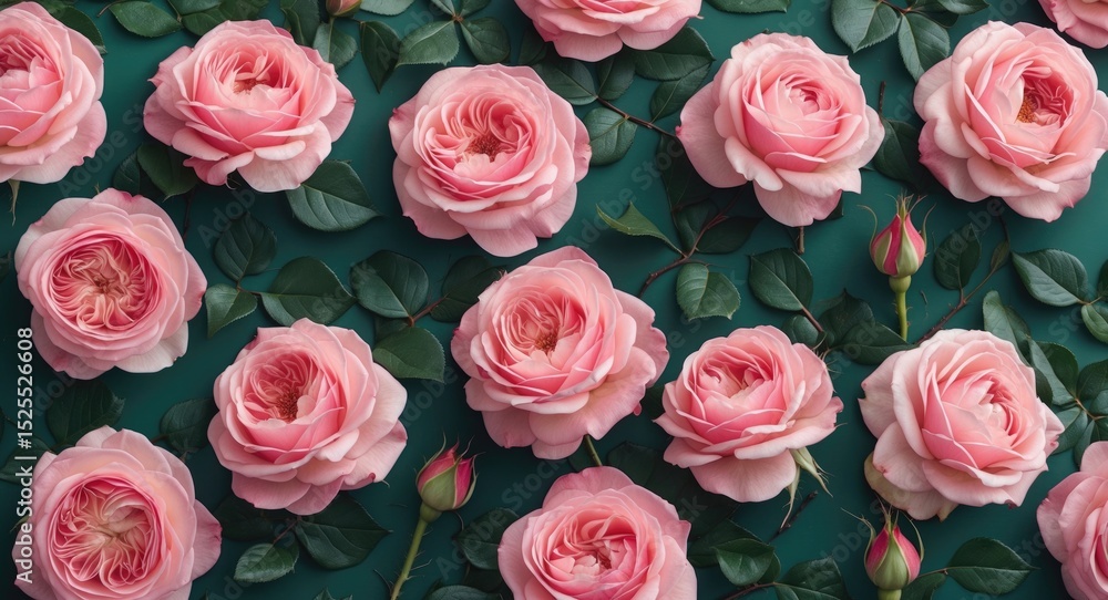 Pink roses with green leaves, some in bloom and others as buds, arranged on a flat surface. Pink roses with green leaves, some in bloom and others as buds, arranged on a flat surface.