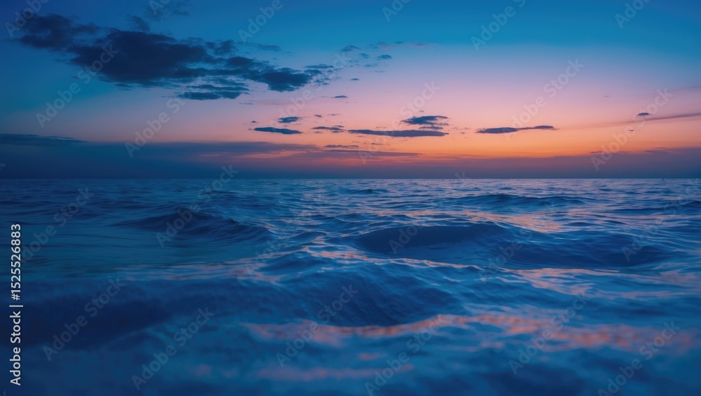 Fototapeta premium Ocean waves at sunset with colorful sky and clouds. Nature and seascape. The calmness of the sea during twilight. The scene of the ocean at dusk.