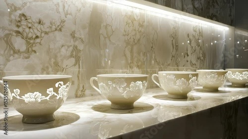Wallpaper Mural Elegant, light beige porcelain teacups displayed on a marble shelf, illuminated by subtle lighting.  Ornate floral designs Torontodigital.ca