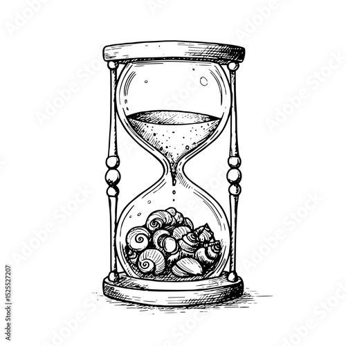 Hand-drawn hourglass filled with seashells and sand for time and nostalgia illustration