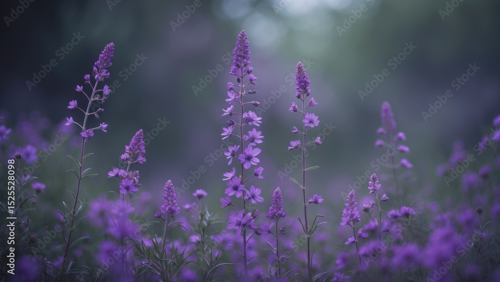 Fototapeta premium Purple flowers blooming in a field with a blurred background.