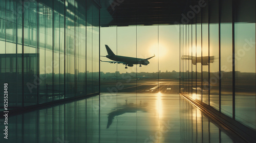 Airport terminal hall with sunset