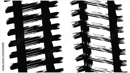 Abstract black brush strokes forming parallel lines with horizontal dashes on white background design element