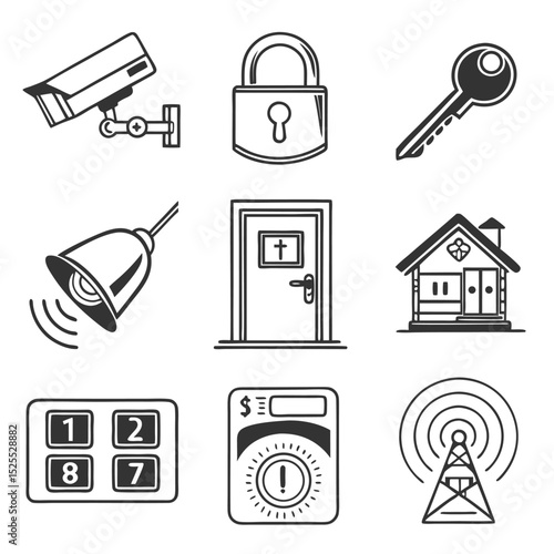 Security and protection icons representing surveillance safety and home protection elements