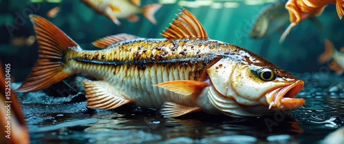 A detailed close-up of a fish, likely a perch, swimming in water with a vibrant aquatic background.