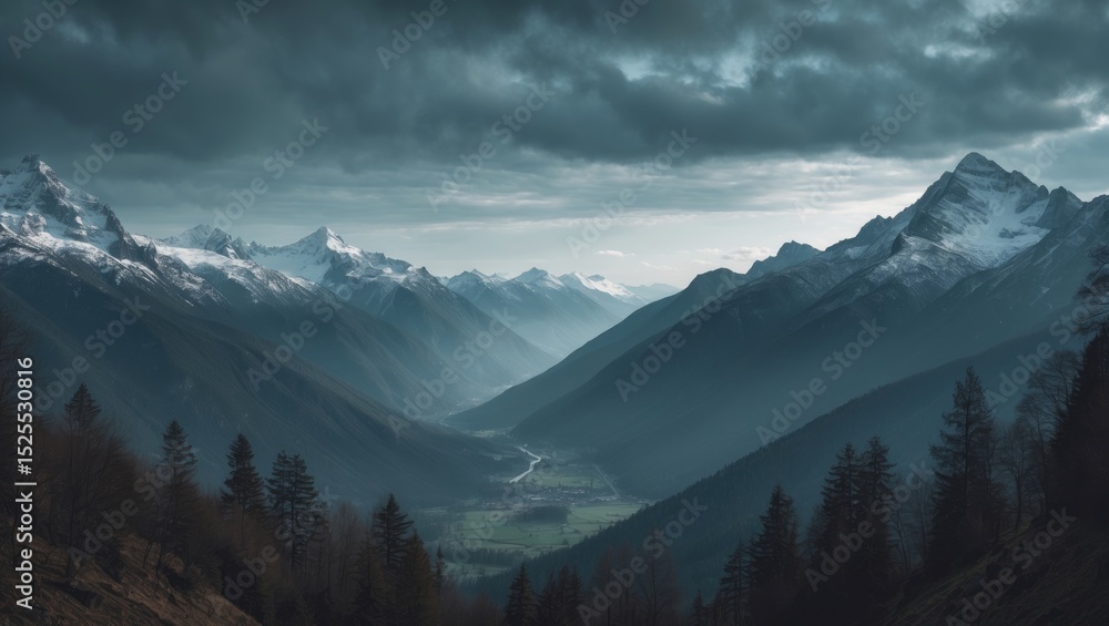 Fototapeta premium Snow-capped mountain range with a valley and forested slopes under a dark cloudy sky. Nature landscape with towering peaks and dramatic weather.