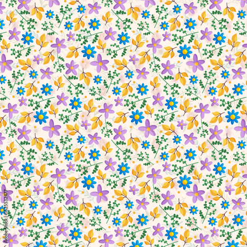 Colorful Seamless Botanical Floral Pattern with Hand-Drawn Flowers and Leaves – Ideal for Wrapping Paper, Fashion Fabrics, Wallpapers, and Stationery Design