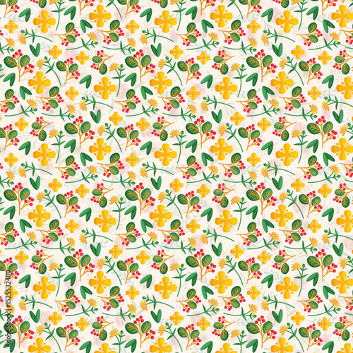 Colorful Seamless Botanical Floral Pattern with Hand-Drawn Flowers and Leaves – Ideal for Wrapping Paper, Fashion Fabrics, Wallpapers, and Stationery Design