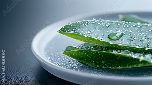 Fresh aloe vera leaves with water drops on white ceramic plate against dark background, natural skincare and wellness concept macro photography.