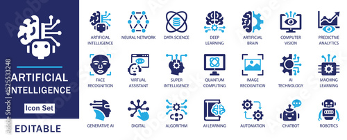 Artificial Intelligence vector icons for machine learning, deep learning, and predictive analytics graphics.