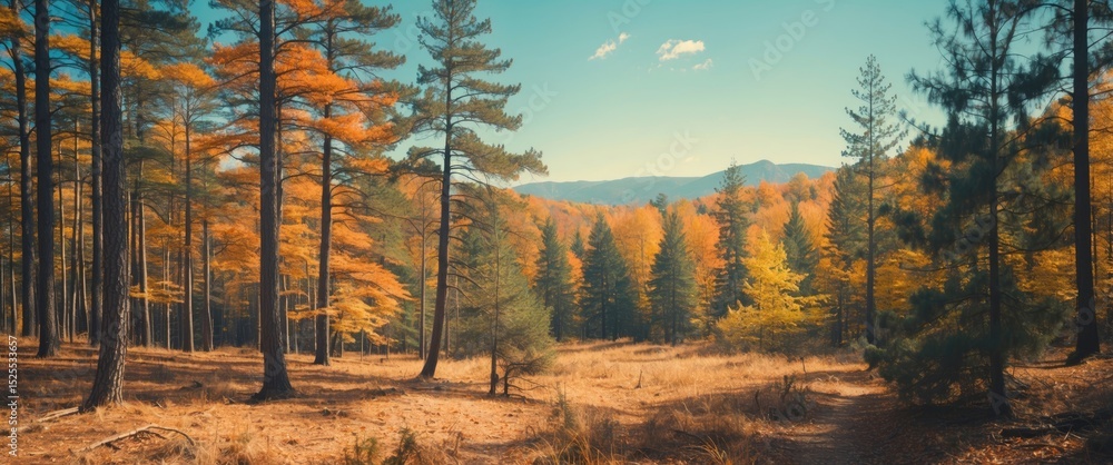 Fototapeta premium A forest scene with tall pine trees, fall foliage in orange and yellow hues, and distant mountains under a clear sky.