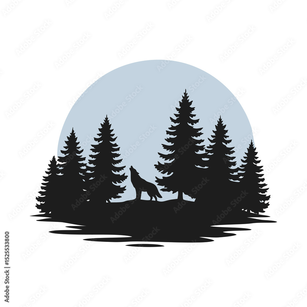Obraz premium Silhouette of Wolf in christmas tree during night vector illustration