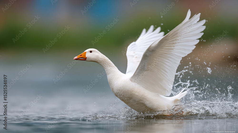 Fototapeta premium Goose creating a splash in a tranquil pond with flapping wings and water droplets