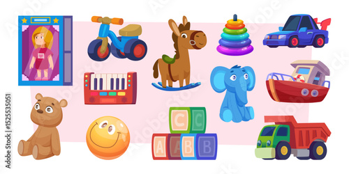 Toys. Colored collection of funny toys for kids playground exact vector kindergarten set