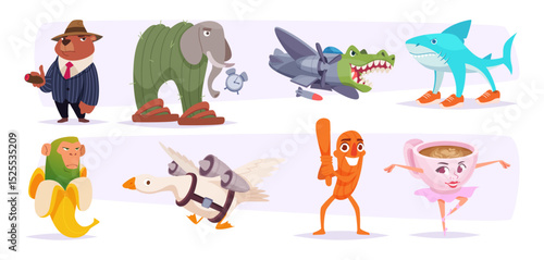 Funny animals. Italian tralala illustrations ballerina crocodile shark in shoes exact vector