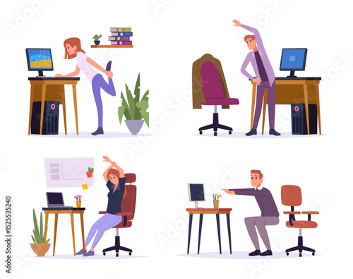 Stretching people. Tired office managers making stretch special exercises on workplaces exact vector templates business illustrations
