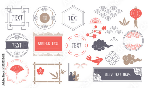Japanese frames. Badges creation kit in asian style dividers frames banners recent vector decorations template