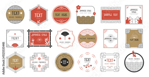 Japanese badges. Decorative templates of asian style geometrical badges with place for personal text recent vector set