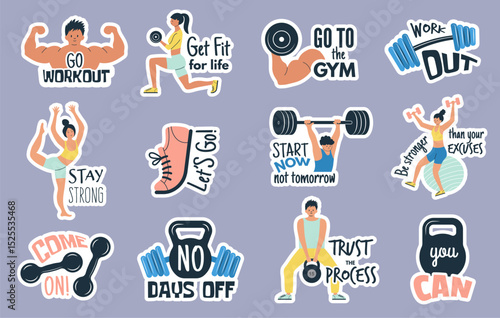 Motivational phrases. Collection of sport fitness stickers recent vector lettering set